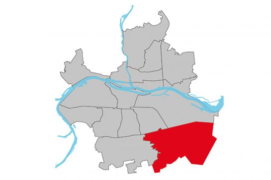 Grafik - Kartendarstellung der Regensburger Stadtteile, der Stadtteil Burgweinting-Harting ist rot hinterlegt, die restlichen Stadtteile sind weiß
