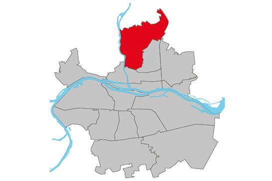 Grafik - Kartendarstellung der Regensburger Stadtteile, der Stadtteil Sallern-Gallingkofen ist rot hinterlegt, die restlichen Stadtteile sind weiß