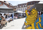 Blick auf den Haidplatz mit vielen Ausstellern. Große Pappfigur in Form eines bayerischen Löwen am rechten Rand des Bildes