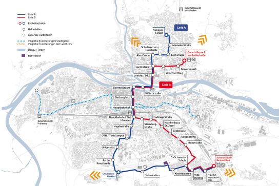 Grafik Netzplan der Stadtbahn mit Haltestellen - Stand Mai 2024