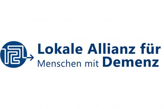 Grafik - blauer Schriftzug auf weißem Hintergrund: "Lokale Allianzen für Menschen mit Demenz"