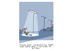 Cartoon: Zwei Menschen bei Nacht unter Lichtschein einer als einzige leuchtende Straßenlaterne: "Energie sparen und gleichzeitig wieder mehr Sterne sehen - wie smart ist das denn!"