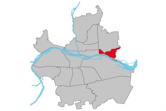 Grafik - Kartendarstellung der Regensburger Stadtteile, der Stadtteil Schwabelweis ist rot hinterlegt, die restlichen Stadtteile sind weiß