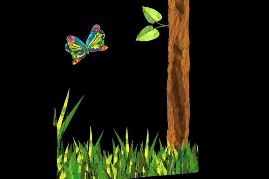 Grafik - Schmetterling und Baum auf schwarzem Grund