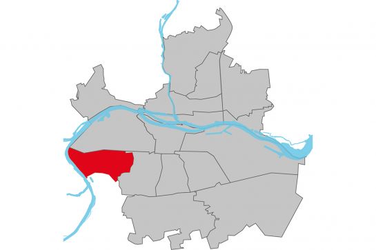 Grafik - Kartendarstellung der Regensburger Stadtteile, der Stadtteil Großprüfening-Dechbetten-Königswiesen ist rot hinterlegt, die restlichen Stadtteile sind weiß