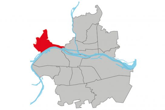 Grafik - Kartendarstellung der Regensburger Stadtteile, der Stadtteil Winzer-Kager ist rot hinterlegt, die restlichen Stadtteile sind weiß