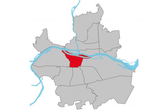 Grafik - Kartendarstellung der Regensburger Stadtteile, der Stadtteil Innenstadt ist rot hinterlegt, die restlichen Stadtteile sind weiß
