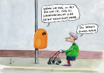 Cartoon: Mülleimer spricht mit Seniorin: "Wenn ich mal so alt bin wie Sie, gibt es wahrscheinlich gar keine Mülleimer mehr...", Seniorin erwidert "Du denkst zuviel nach"