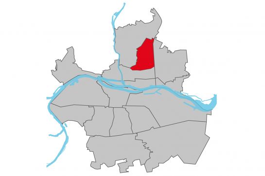 Grafik - Kartendarstellung der Regensburger Stadtteile, der Stadtteil Konradsiedlung-Wutzlhofen ist rot hinterlegt, die restlichen Stadtteile sind weiß