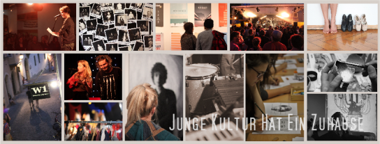 Eine Collage zahlreicher Fotos und Impressionen aus dem W1 - Zentrum für junge Kultur der Stadt Regensburg, versehen mit dem Motto "Junge Kultur hat ein Zuhause"