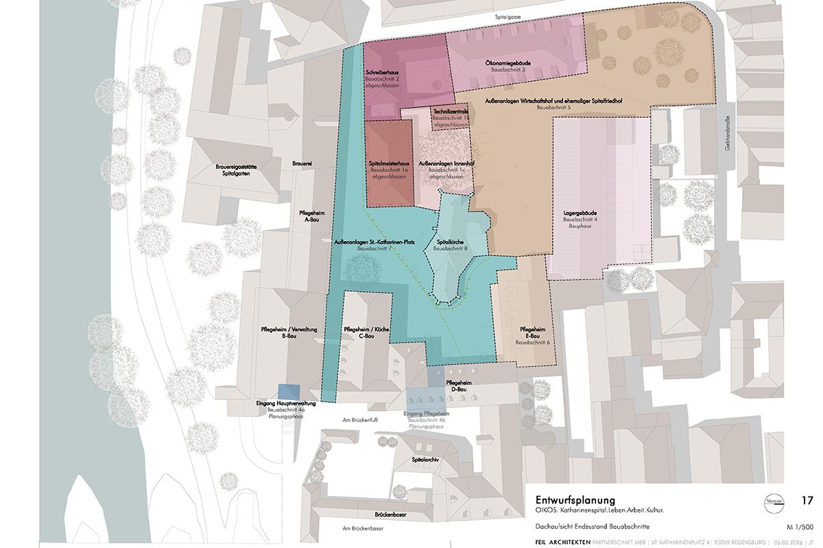 Plan - Abgebildet ist der Lageplan des St. Katharinenspitalgeländes mit den Bezeichnungen der einzelnen Gebäude und der grafischen Darstellung der beiden Bauabschnitte