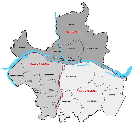 Karte der Grundstücksentwässerungsbezirke mit Kontakt-Telefonnummern. Bezirk Nord: (0941) 507-2657, Süd-West (0941) 507-2659, Süd-Ost (0941) 507-2658
