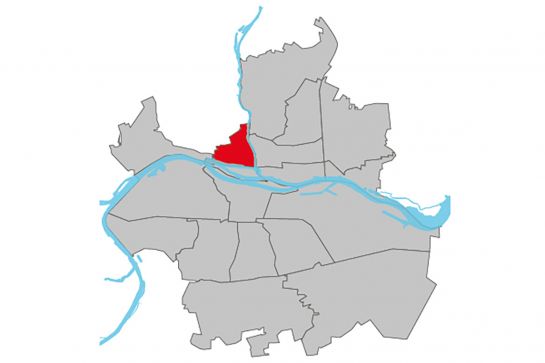 Grafik - Kartendarstellung der Regensburger Stadtteile, der Stadtteil Steinweg-Pfaffenstein ist rot hinterlegt, die restlichen Stadtteile sind weiß (C) Stadt Regensburg, Tatjana Setz
