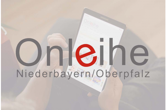 Logo Onleihe Niederbayern/ Oberpfalz, dahinter Foto leuchtender E-Bookreader