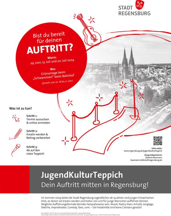Plakat mit Grafik und dem Text: Bist du bereit für einen Auftritt. Aktion Jugendkulturteppich © Valentum