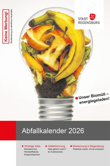 Titelbild Abfallkalender 2026 - Schriftzug Abfallkalender 2026 und Ansicht einer Glühbirne mit Biomüll gefüllt