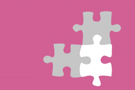 Grafik von drei grauen und weißen Puzzleteilen die ineinandergesteckt sind, auf rosa Untergrund.