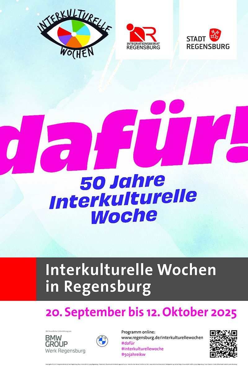 „dafür! – Plakat zu den Interkulturellen Wochen 2025 in Regensburg vom 20. September bis 12. Oktober“