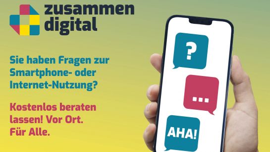 Das Logo von "zusammen digital", ein Info-Text und ein Smartphone. (C) zusammen digital / JFF