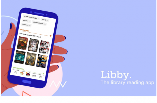Grafik eines Handys auf dessen Display die Libby-App geöffnet ist