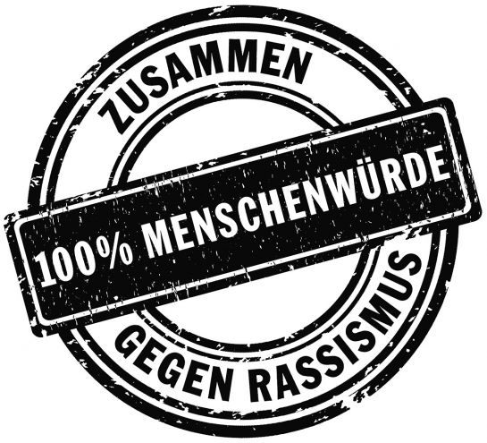 Kreisrundes Stempellogo mit der Aufschrift 100 Prozent Menschenwürde - Zusammen gegen Rassismus