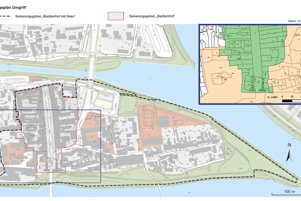 Plan - Dargestellt ist der Umgriff des Sanierungsgebietes Stadtamhof mit der Erweiterung Stadtteils Gries