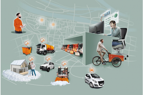 Menschen und Einsatzfahrzeuge im Stadtgebiet verbunden durch smarte Datenübertragung