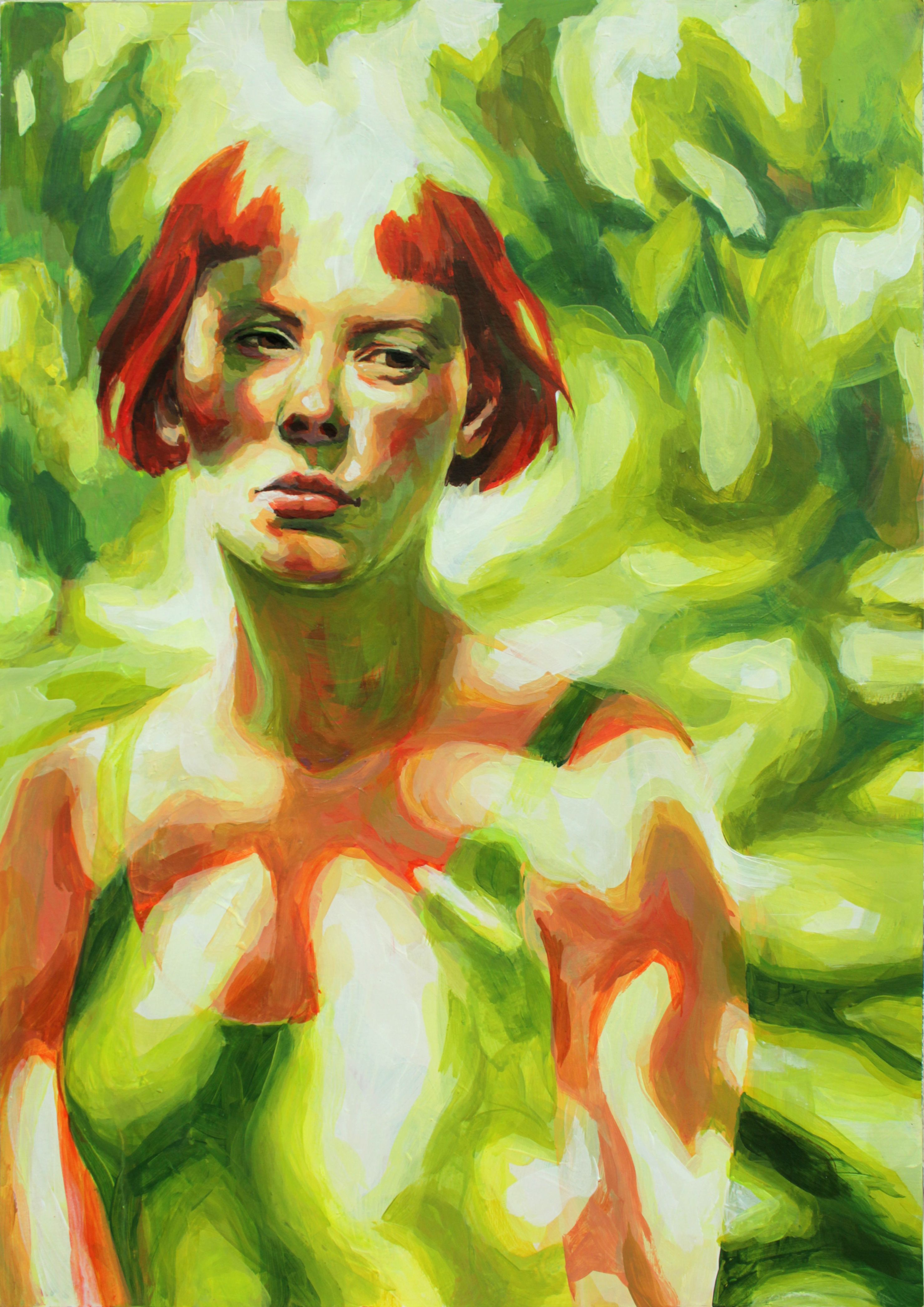 Fotografie – eine gemalte Frau mit grünem Hintergrund, Acryl auf Papier