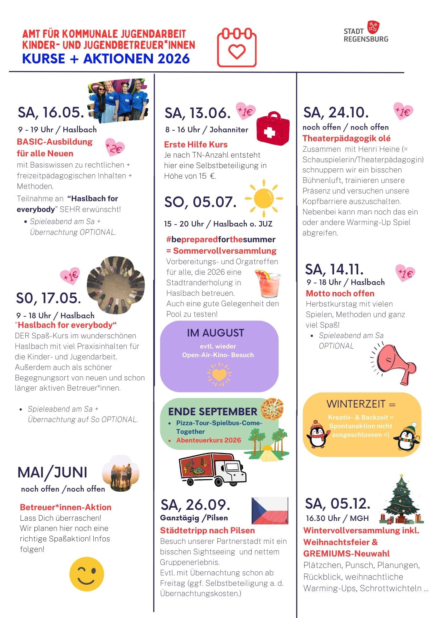 Grafik - Bunte Übersicht über Kurse und Aktionen 2026 für Ehrenamtliche beim Amt für kommunale Jugendarbeit