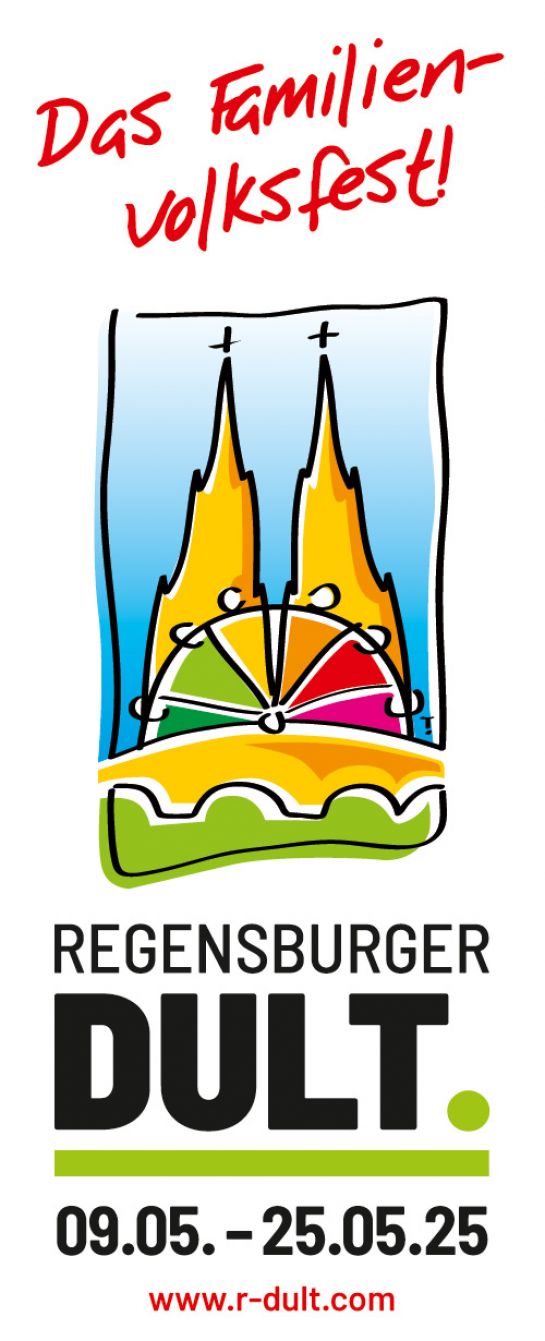 Grafik - illustrierte gelbe Domtürme im Hintergrund, davor ein buntes Riesenrad (C) Stadt Regensburg