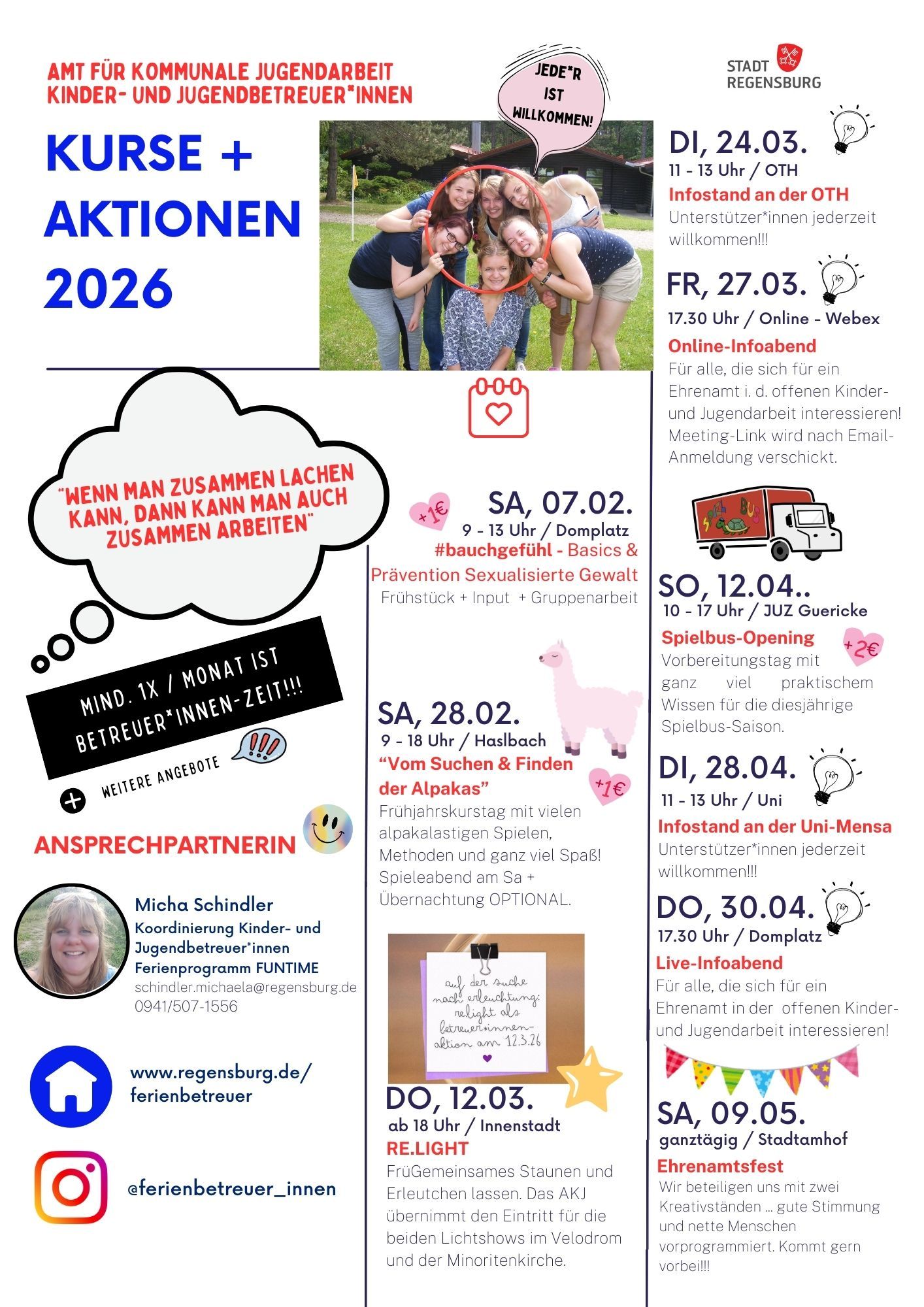 Grafik - Bunte Übersicht über Kurse und Aktionen 2026 für Ehrenamtliche beim Amt für kommunale Jugendarbeit