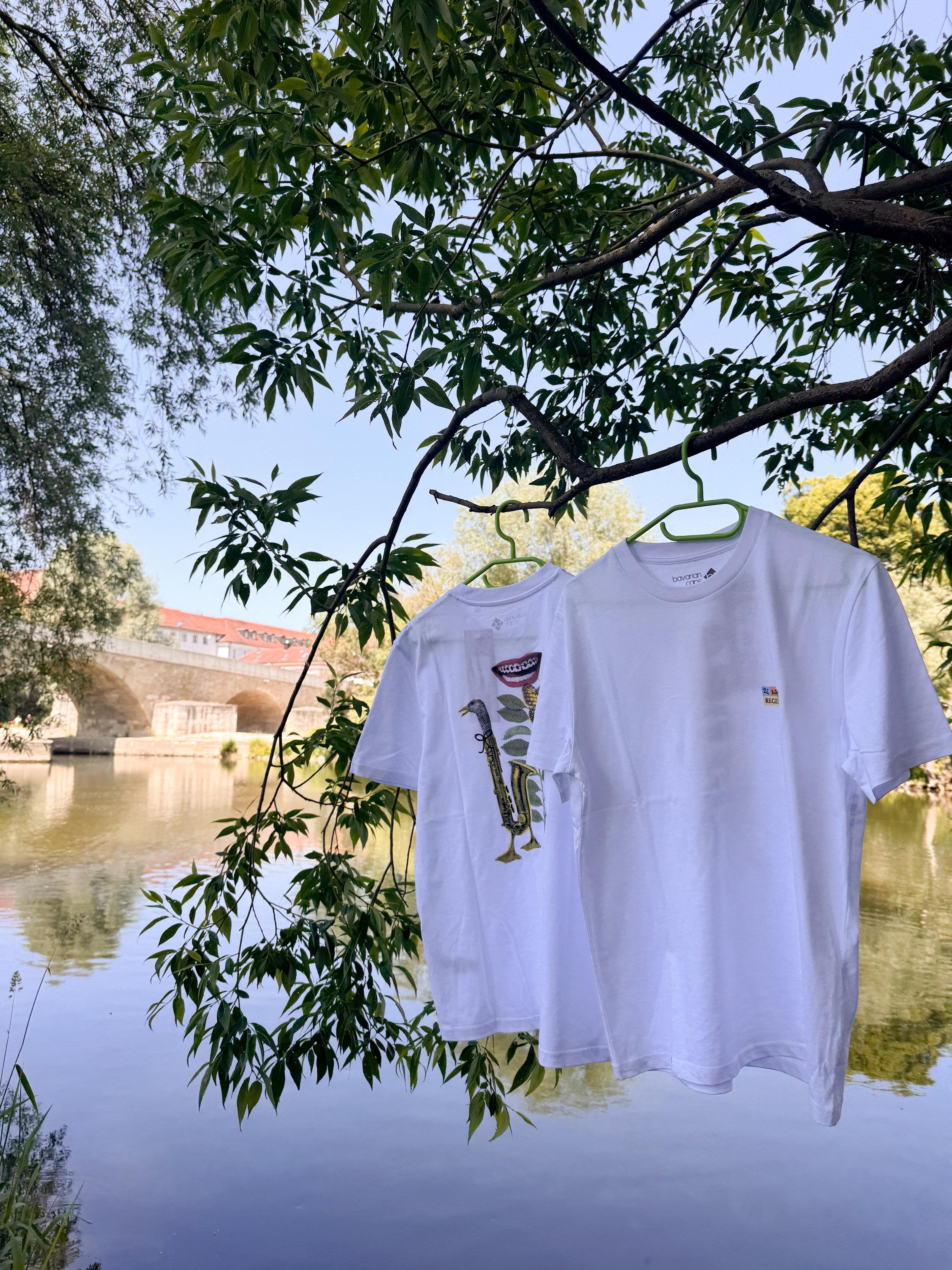 Fotografie – Bürgerfest-T-Shirts hängen an einem Baum über der Donau
