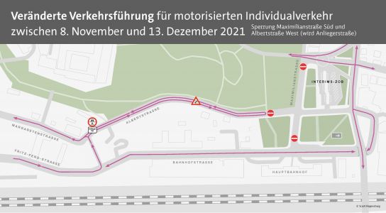 Veränderte Verkehrsführung für motorisierten Individualverkehr
zwischen 8. November und 13. Dezember 2021 (C) Stadt Regensburg