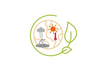 Icon Klimaresilienz - Stilisierte Erde mit Sonne und Thermometer sowie Wolke und Sturzflut umgeben von Blättern als Symbol für Klimaresilienz