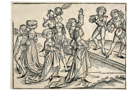 Holzschnitt Tanz aus der Schedelschen Weltchronik aus dem Jahr 1493
