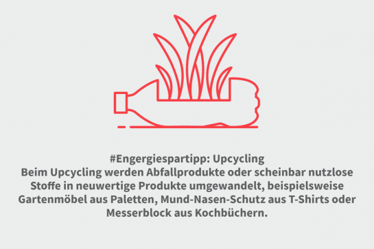 Grafik mit Text: #Engergiespartipp: Upcycling
Beim Upcycling werden Abfallprodukte oder scheinbar nutzlose Stoffe in neuwertige Produkte umgewandelt, beispielsweise Gartenmöbel aus Paletten, Mund-Nasen-Schutz aus T-Shirts oder Messerblock aus Kochbüchern.