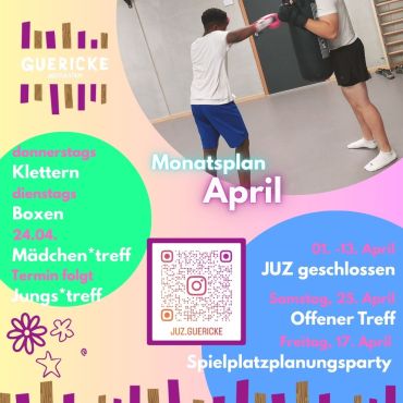 Auf dem Bild ist der Monatsplan für den Monat April des Jugendzentrums Guericke zu sehen.