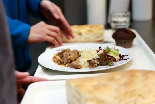 Foto - Mittagsverpflegung in unserer Mensa; Hauptspeisenteller mit Zaziki mit Salat