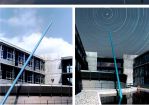 Alexander Rogl, Drei Erdachsparallele, 2000, Regensburg, FH Maschinenbau, Stahl, lackiert, einige Architekturelemente (blau) wurden zitiert und parallel zur Erdachse gekippt (c) Rogl Alexander