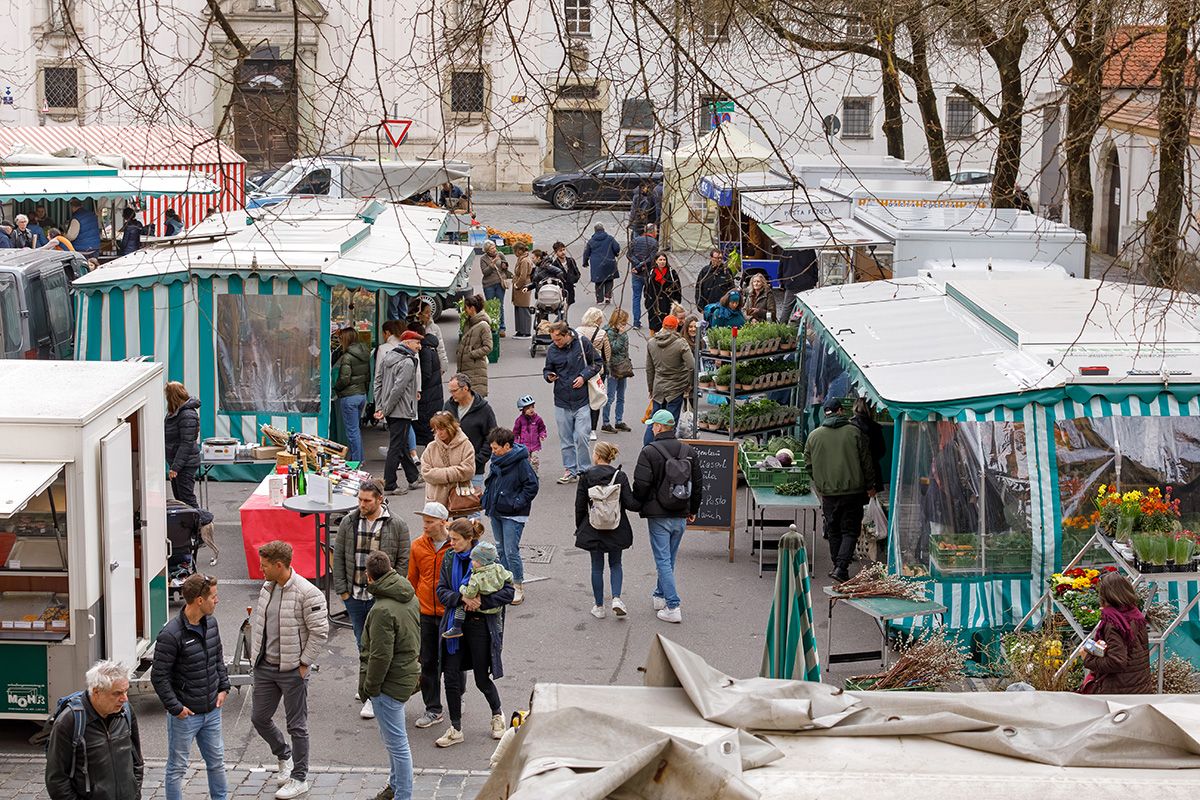 Fotografie - Blick auf Verkaufsstände des Marktes am Alten Kornmarkt