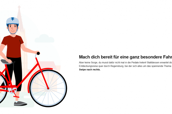 Grafik: Startseite des Regensburger KI-Führerseins mit einem Fahrradfahrer und einem Text, der die Anwenderinnen und Anwender zu einer virtuellen Entdeckungsreise quer durch Regensburg einlädt.