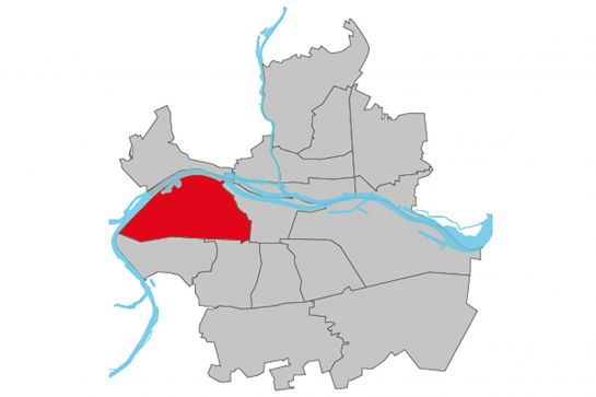 Grafik - Kartendarstellung der Regensburger Stadtteile, der Stadtteil Westenviertel ist rot hinterlegt, die restlichen Stadtteile sind weiß