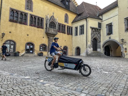 Fotografie: Das Bild zeigt den Lenker eines Lastenrads inkl. Bildschirm. 