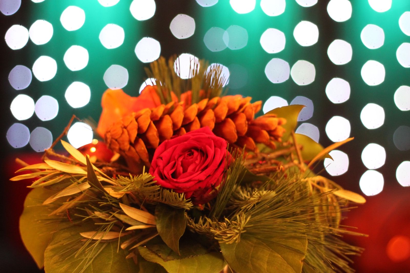 Nahaufnahme eines weihnachtlichen Blumenstraußes mit Rosenblüte und Tannenzapfen vor dem verschwommen erkennbaren Lichternetz der Bühne im W1 - Zentrum für junge Kultur.