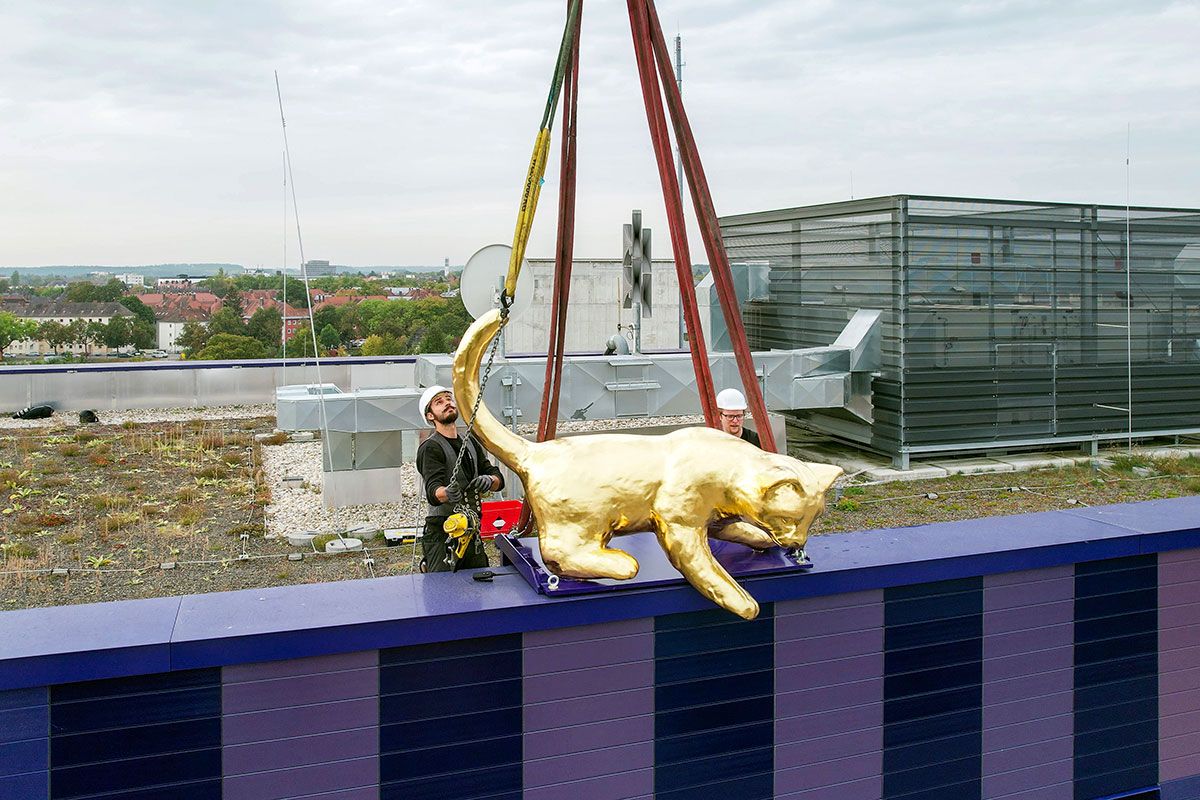 Fotografie - Kunstwerk „Rettet Luzy“ wird am Dach befestigt