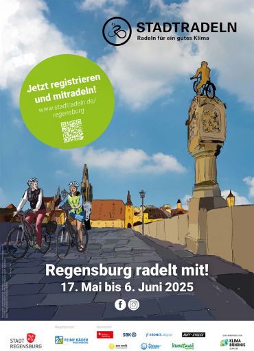 Plakat - Das von Leohnhard Rehm illustrierte Poster zeigt zwei Fahrradfahrer, die über die Steinerne Brücke fahren, selbst das Brückenmandl sitzt auf einem Fahrrad.