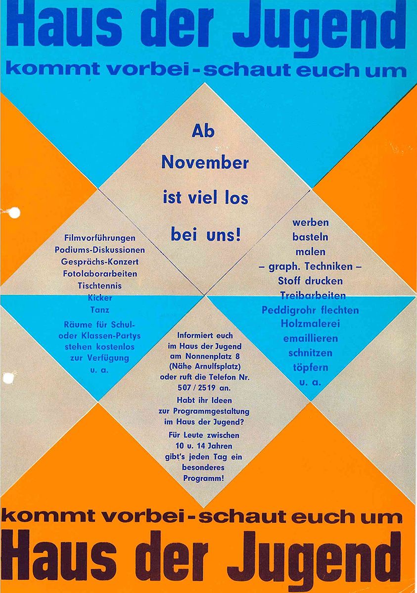 Zu sehen ist ein Flyer in blau, orange, beigen Tönen mit dem Titel „Haus der Jugend – kommt vorbei- schaut euch um“. Er lädt Kinder und Jugendliche zwischen 10-14 Jahren zu verschiedenen Projekten ein und wirbt mit einem besonderen Programm. 