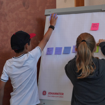 Die Kinder kleben ihre Wünsche für eine smart city auf ein Flipchart.