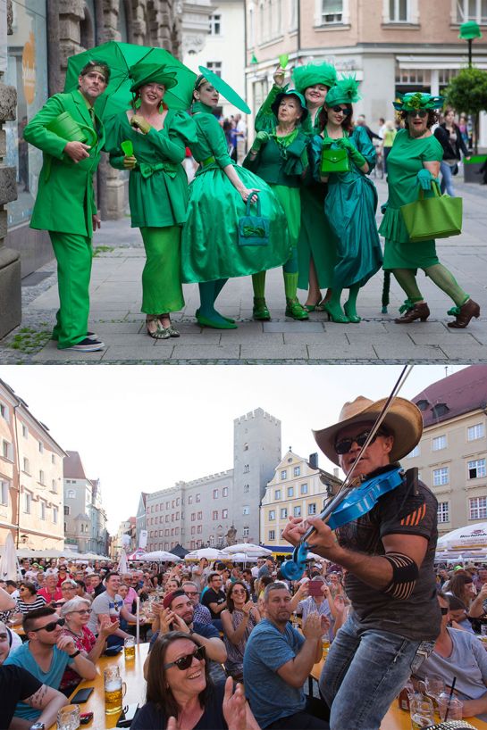 Fotografie: Collage aus zwei Bildern (oben: sieben Personen in grüner Kleidung, unten: Geigenspieler mit Publikum auf dem Haidplatz) (C) Bilddokumentation Stadt Regensburg