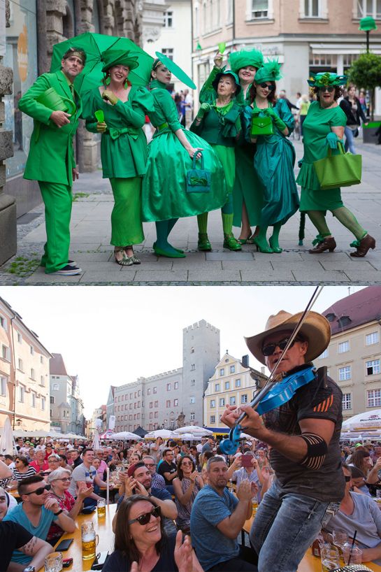 Fotografie: Collage aus zwei Bildern (oben: sieben Personen in grüner Kleidung, unten: Geigenspieler mit Publikum auf dem Haidplatz)